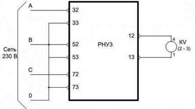 Рисунок.1. Схема внешних подключений реле РНУ3 в трехфазных с нулем сетях переменного тока с номинальным фазным напряжением 230 В, где KV – реле НМШ1-1440