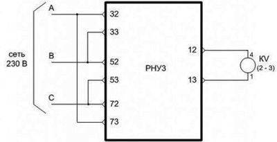 Рисунок.2. Схема внешних подключений реле РНУ3 в трехфазных без нуля сетях с линейным напряжением 230 В, где KV – реле НМШ1-1440
