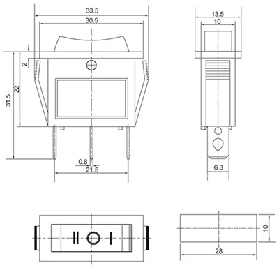 Рис.2. Схема габаритных размеров перекидного переключателя KCD3-103
