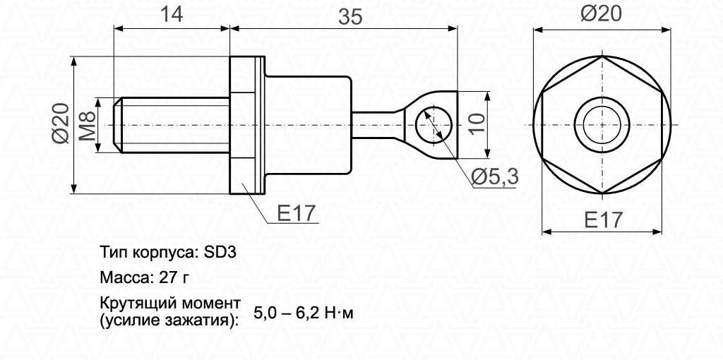 Схема габаритных и присоединительных размеров диода Д132-80