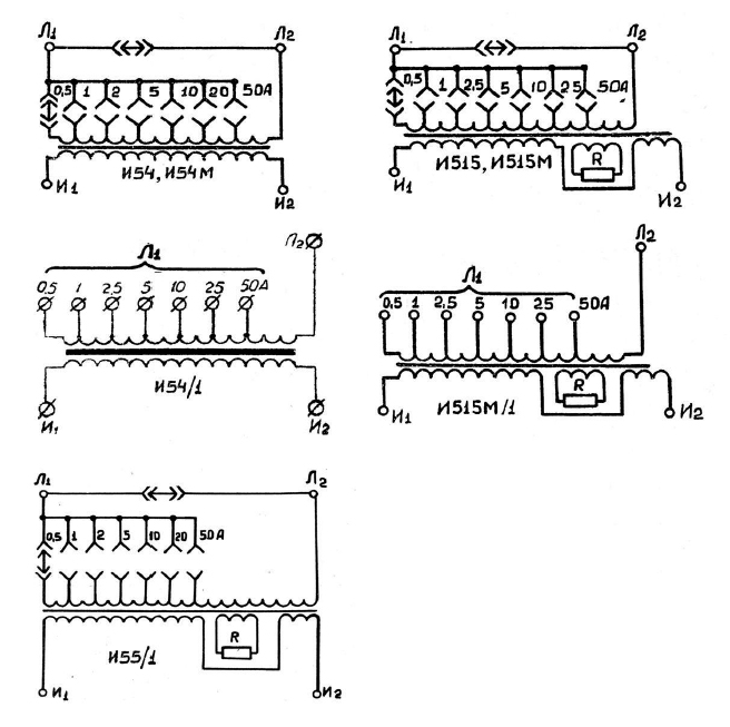 Принципиальные схемы трансформаторов тока И54, И54/1, И54М, И55/1, И515, И515М, И515М/1