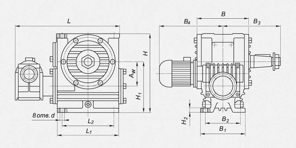 Габаритные и присоединительные размеры мотор-редукторов МЧ2-100, МЧ2-125, МЧ2-160, мм
